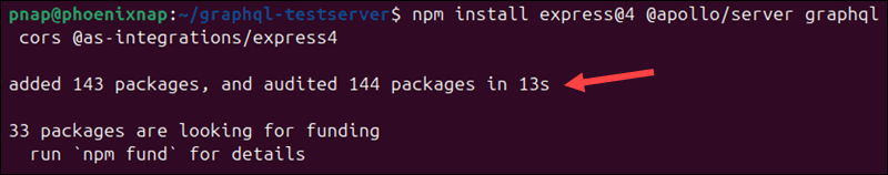 Installing GraphQL server packages.