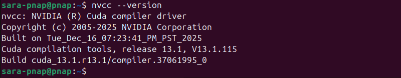 nvcc --version terminal output