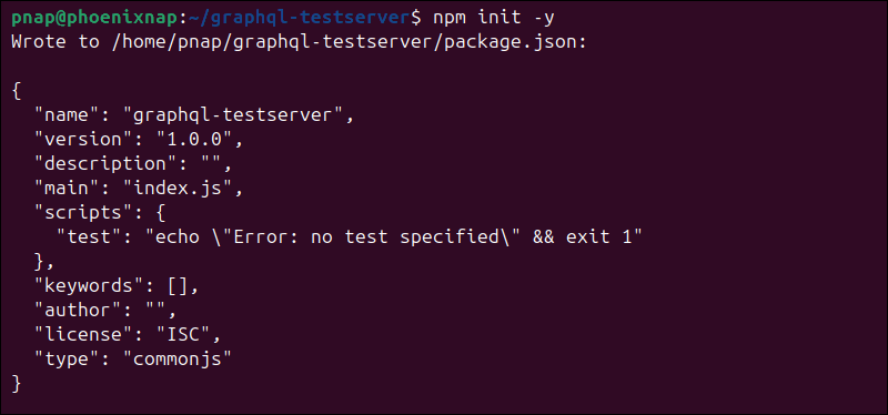 Creating a package.json file for GraphQL server.