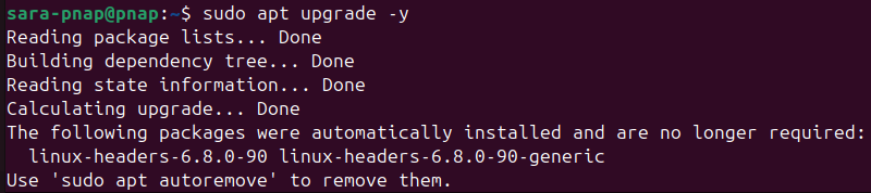 sudo apt upgrade -y terminal output