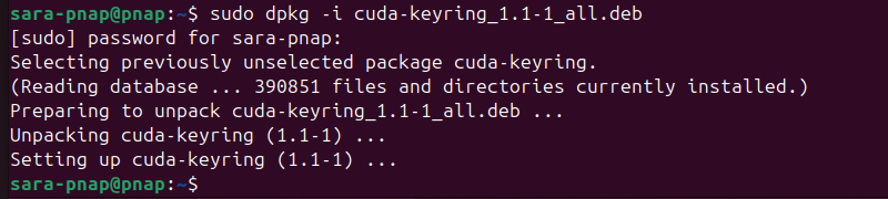 sudo dpkg -i cuda-keyring_1.1-1_all.deb terminal output