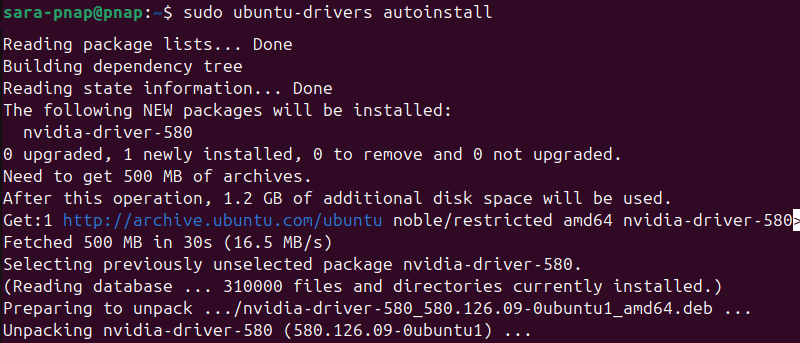 sudo ubuntu-drivers autoinstall terminal output