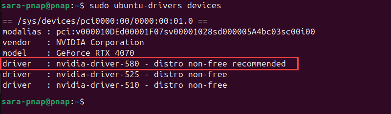 terminal output for sudo ubuntu-drivers devices