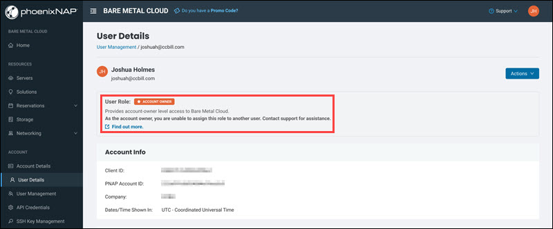 The account role on the User Details page.