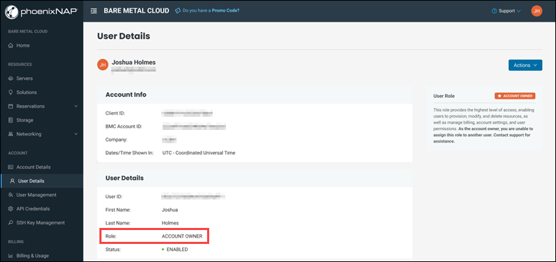 The account role on the User Details page.