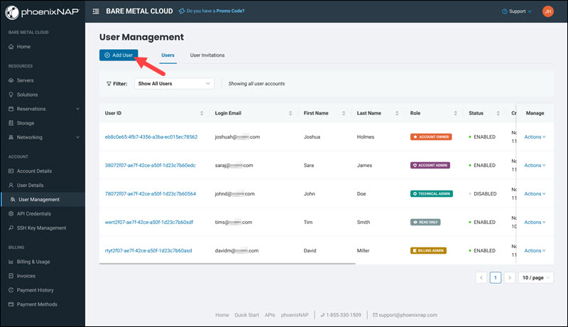 The Add User button in User Management.