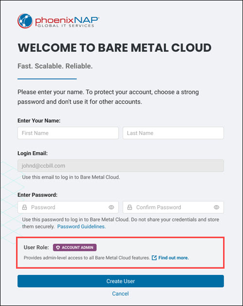 The location of the User Role section on the user sign-up page.