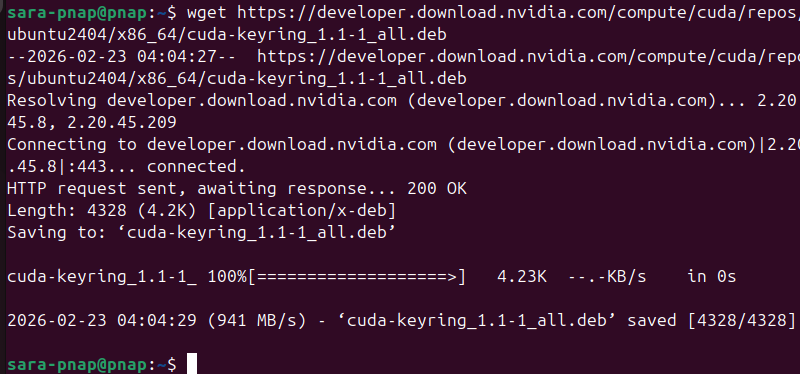 wget https://developer.download.nvidia.com/compute/cuda/repos/ubuntu2404/x86_64/cuda-keyring_1.1-1_all.deb terminal output