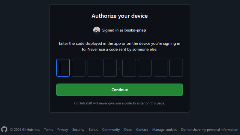 Authorize device to use GitHub gist CLI.