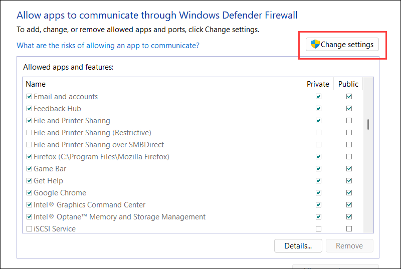 Click Change settings