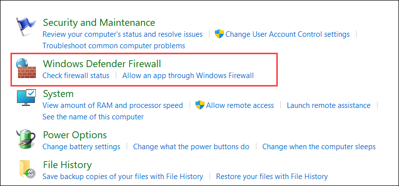 Click Windows Defender Firewall