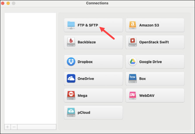 The location of the FTP and SFTP button in the Connections window.