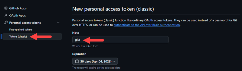 Create a new token on GitHub and name it.