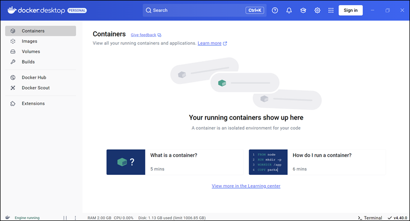 Docker Desktop welcome screen.