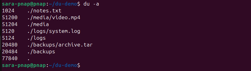 du -a terminal moutput