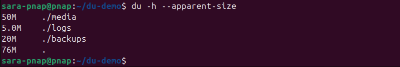 du -h --apparent-size terminal output