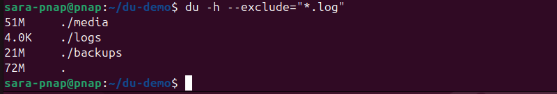 du -h --exclude="*.log" terminal output
