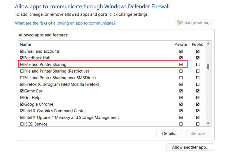 Ensure the Private network checkbox is enabled