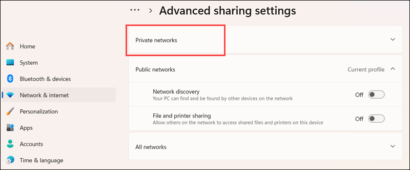 Expand the Private network profile