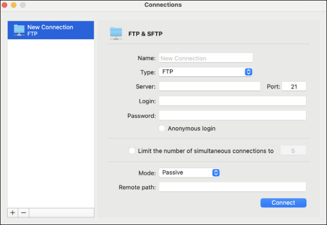 The FTP and SFTP dialog.