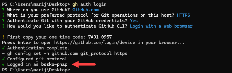 Successful GitHub CLI login.