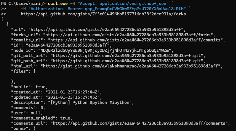 Listing gist forks using the CLI.