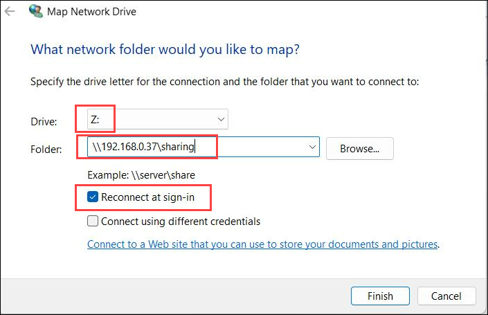 Map Network Drive settings