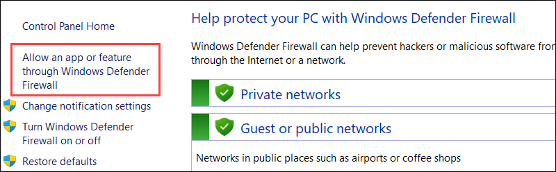 Select Allow an app or feature through Windows Defender Firewall