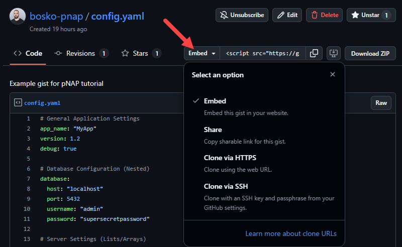 Using the Embed function in GitHub.