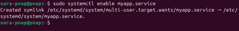 sudo systemctl enable myapp.service terminal output