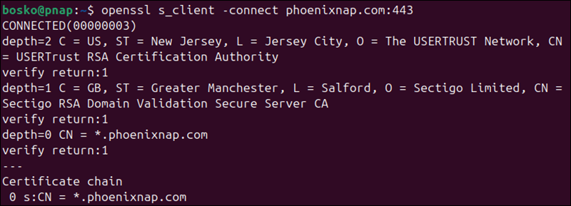 Testing basic SSL connectivity with OpenSSL s_client.