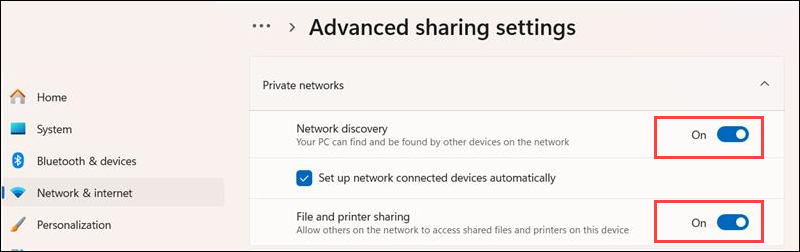 Turn on Network discovery and File and printer sharing