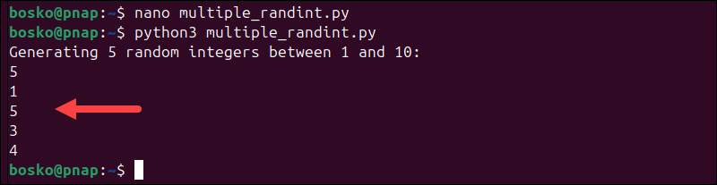Using randint() multiple times to print random integers.