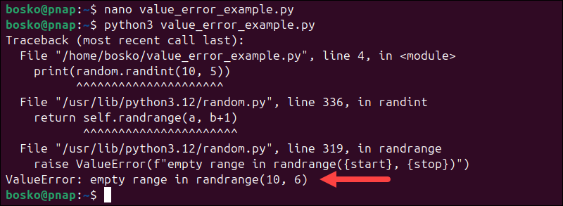 Demonstrating the ValueError in Python.