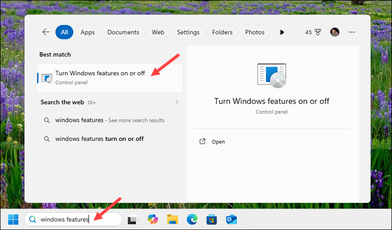 Searching for Turn Windows features on or off option.