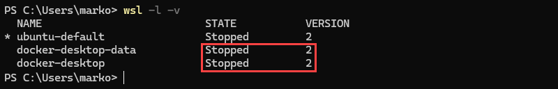 The output of the wsl -l -v command.
