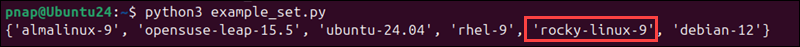 Adding an item to a set and output.