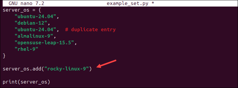 Adding an item to a Python set.
