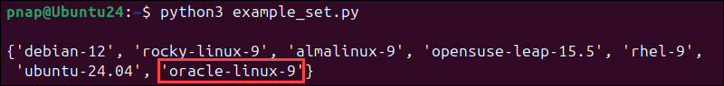 The output after adding multiple items to a set in Python.