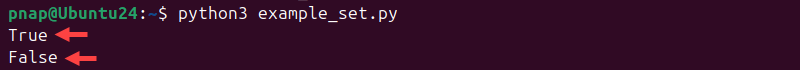 The output after check if items are in a Python set.