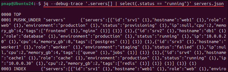 Using the --debug-trace option in jq.