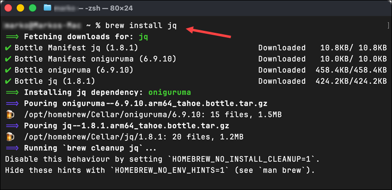 Installing jq on macOS with Homebrew.