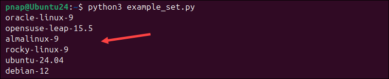 The output after using a for loop on a Python set.