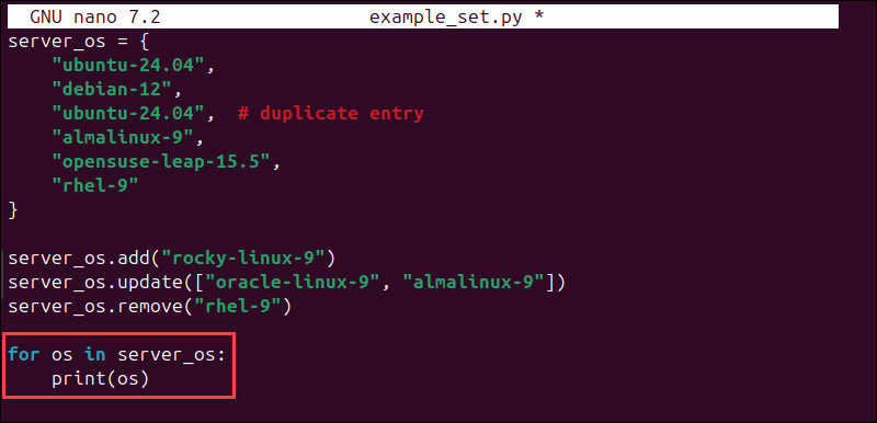 Using the for loop to iterate over a Python set.