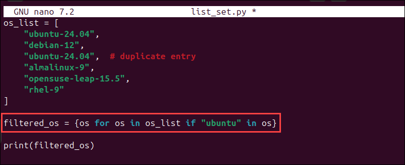 Using set comprehension in Python.