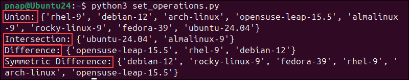Using operators on Python sets.