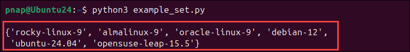 The output after removing an item from a Python set.