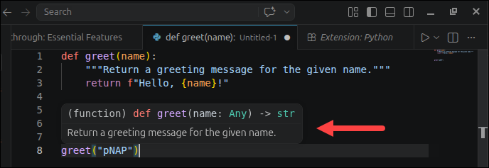 A docstring in Python code shown as a tooltip in VS Code.