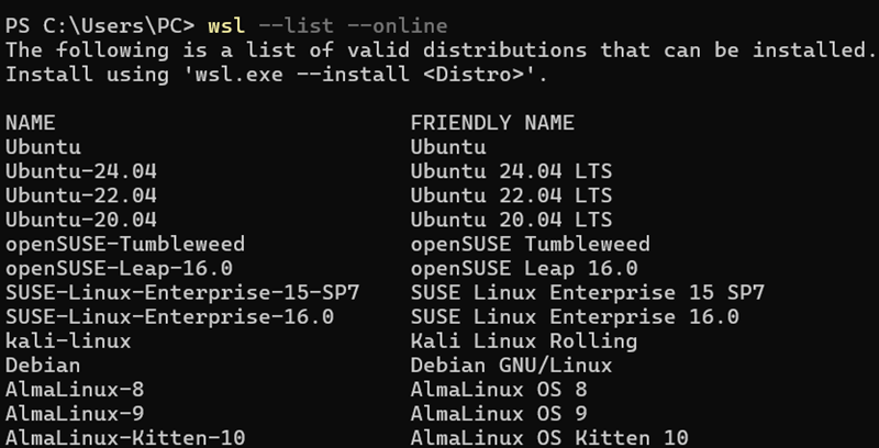 wsl --list --online terminal output