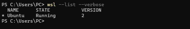 wsl --list --verbose terminal output